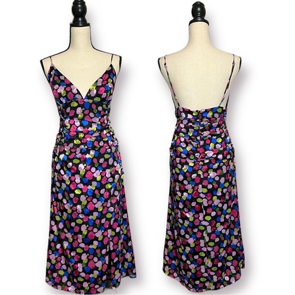 NWT NBD Josefien Ruched Multi Color Dot Print Midi Dress sz M - Picture 13 of 14